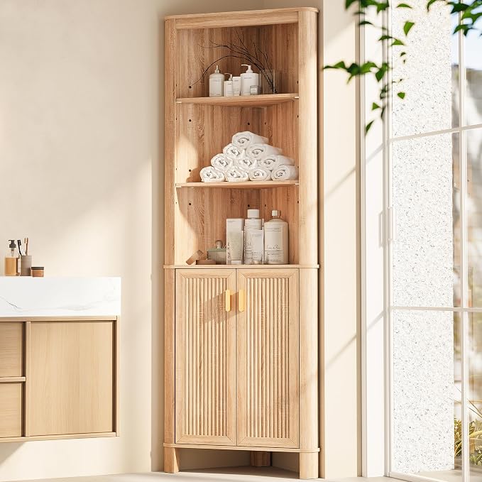 69" Tall Corner Shelf with Doors, 6-Tier Corner Storage Cabinet with Doors by INNODToddlerTower