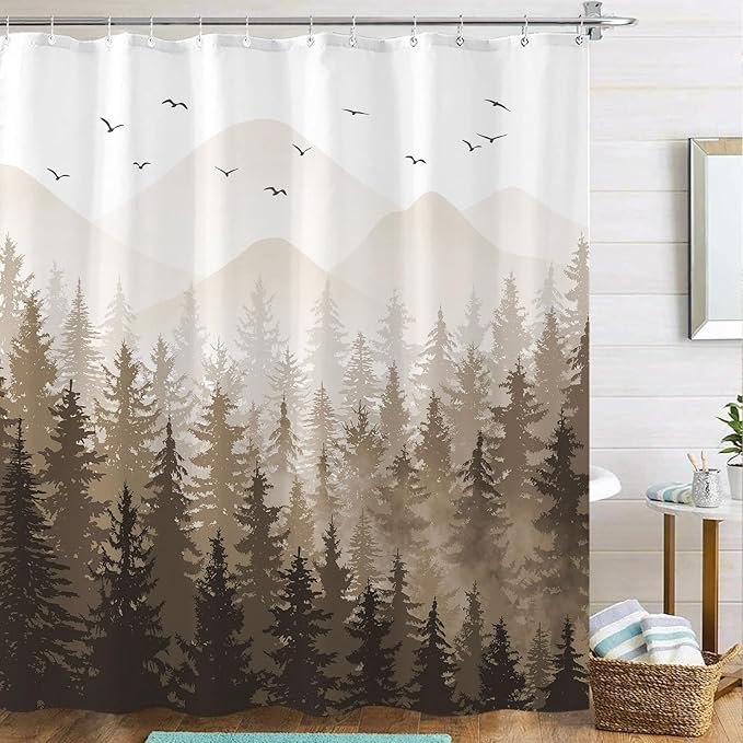 Aipon Brown Misty Forest Shower Curtain Ombre Nature Tree Plants Shower by Aipon