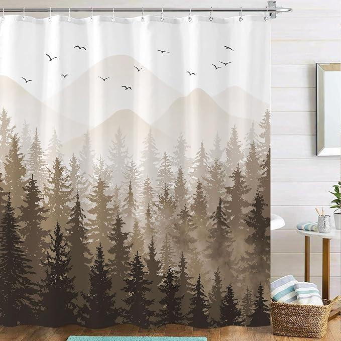 Aipon Brown Misty Forest Shower Curtain Ombre Nature Tree Plants Shower by Aipon