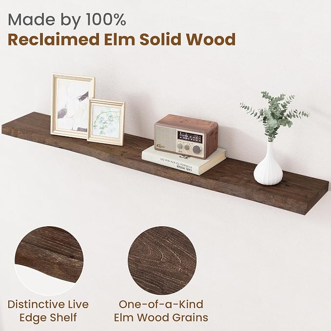 Floating Shelves for Wall Decor, Rustic Solid Elm Wood Live Edge Floating - Image 3