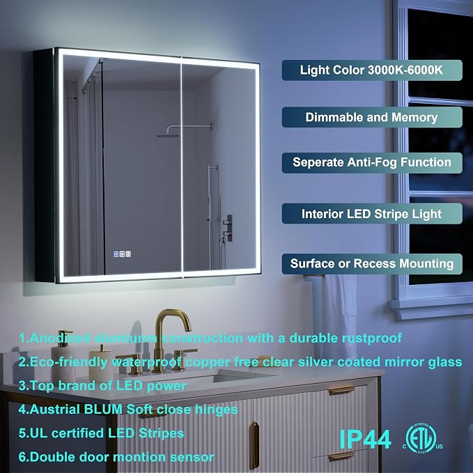WELLFOR 36" X 30" LED Mirrored Medicine Cabinet, Medicine Cabinets - Image 6