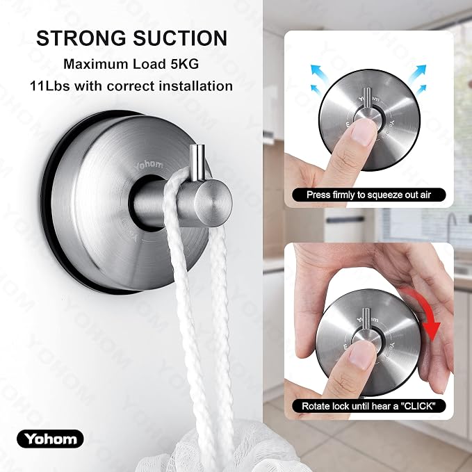 YOHOM Vacuum Suction Cup Hooks Shower Towel Holder Bathroom Shower Hook Brushed - Image 4