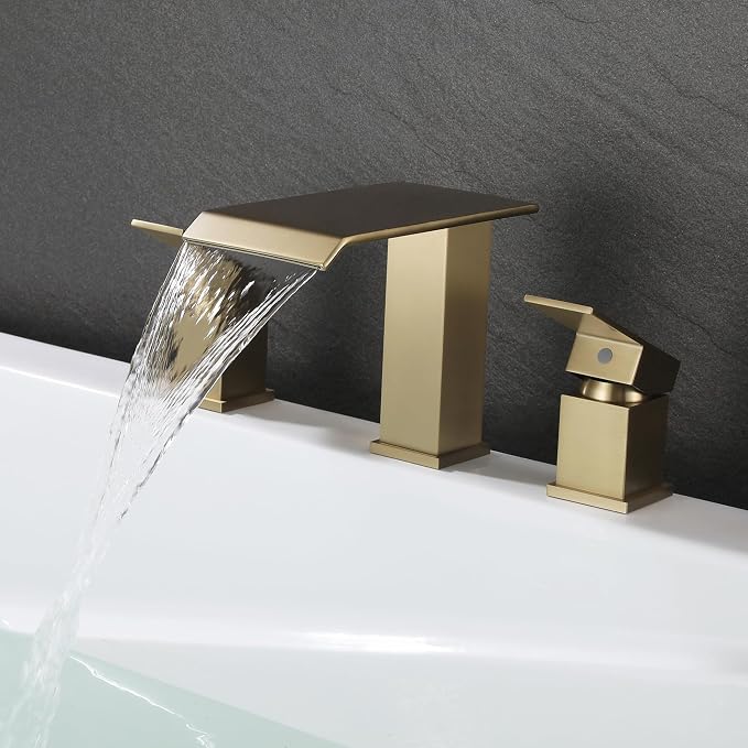 Roman Tub Faucet Two Handle Waterfall Spout Brushed Gold 3 Hole Bathtub Faucet by NIITAWH