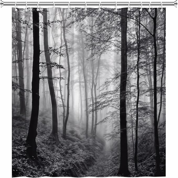 Misty Forest Shower Curtain Black White Foggy Nature Landscape Grey Fantasy Fog - Image 3