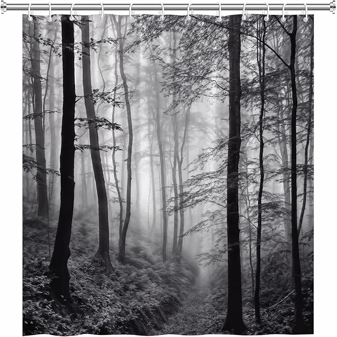 Misty Forest Shower Curtain Black White Foggy Nature Landscape Grey Fantasy Fog - Image 3