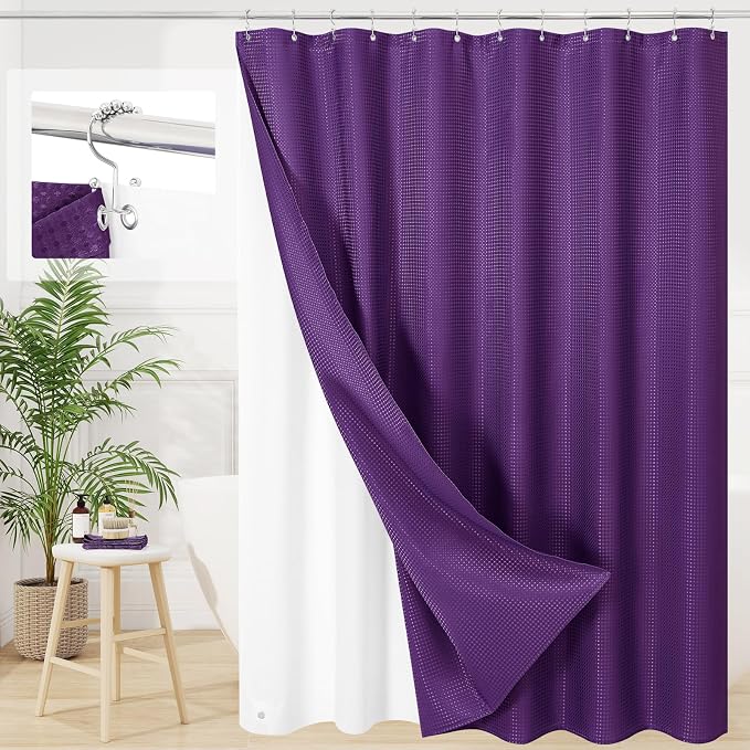 3 in 1 Extra Long Purple Shower Curtain Set-72 W x 84 H, Modern Waffle and PEVA by Unknown