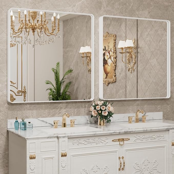 LOAAO 30x30 Inch White Metal Framed Bathroom Mirror - Image 4