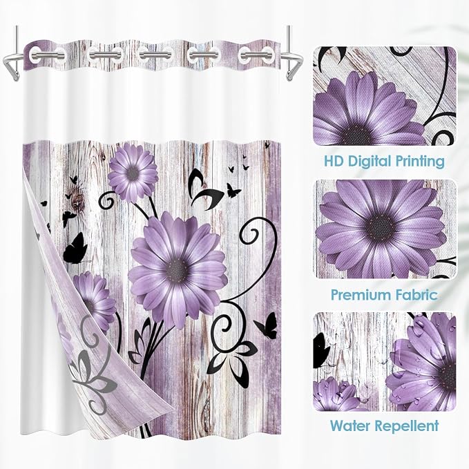 No Hook Purple Flower Shower Curtain - Image 2
