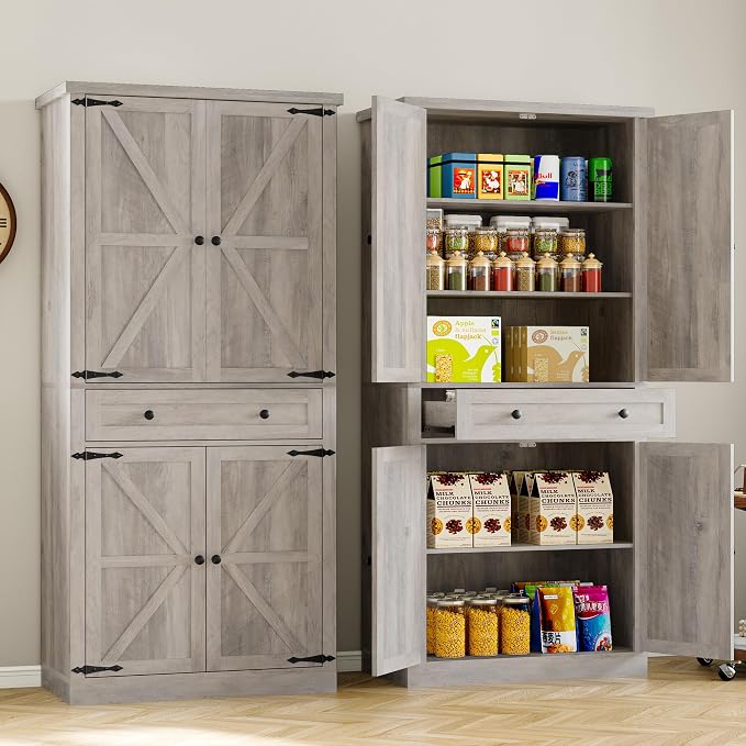 Pantry Organizers and Storage Cabinet, 70” Barn Door White Kitchen Cabinet - Image 4