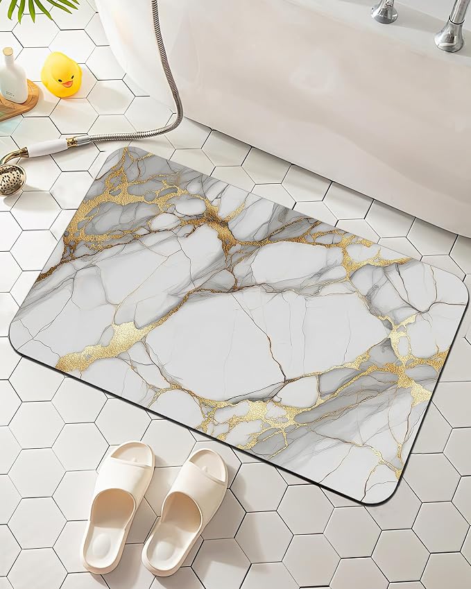 Bath Mat White Gold Marble Bathroom Rug, Soft and Non Slip Abstract Bath Rugs by Elightvap