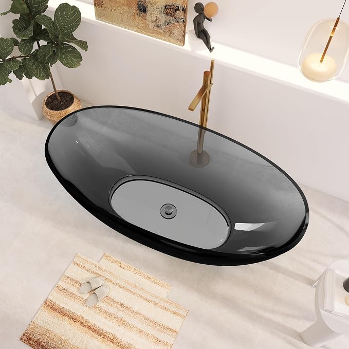 71" Premium Solid Surface Freestanding Bathtubs, Upgraded Transparent Dark Grey - Image 3