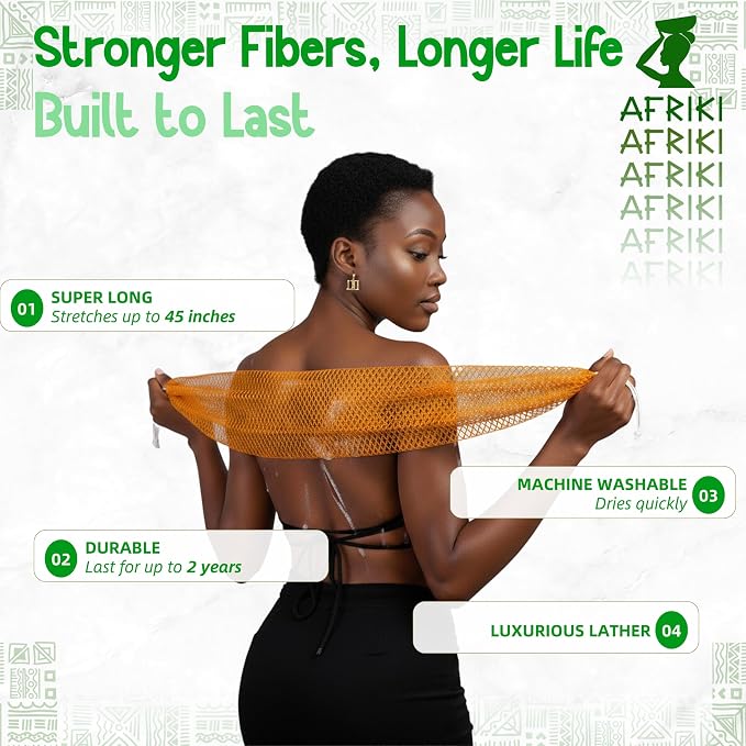 AFRIKI African Net Sponge – Exfoliating Body Scrubber, All Skin Types | 45 in - Image 3