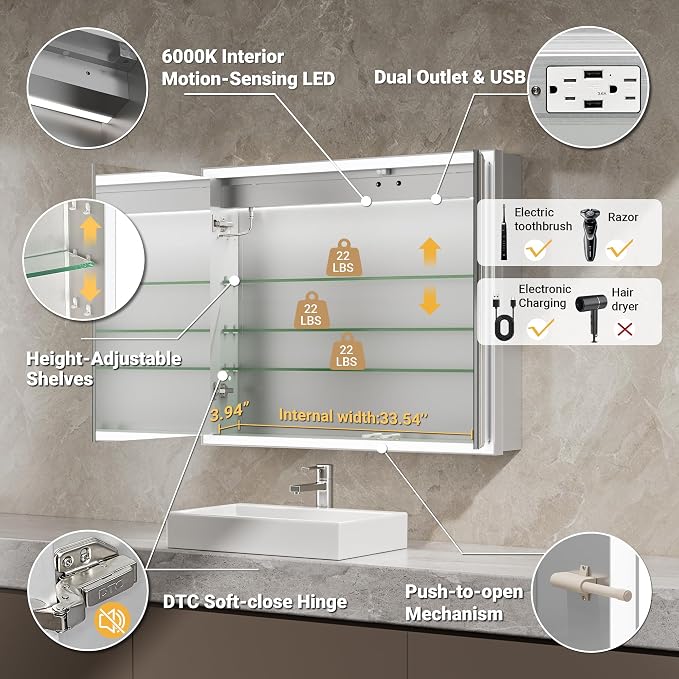 36x30 Beveled Lighted Medicine Cabinet - Image 6