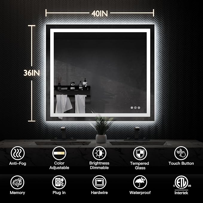 ISKM 40'' x 36'' LED Mirror for Bathroom Lighted Vanity Mirror for Wall Front - Image 7