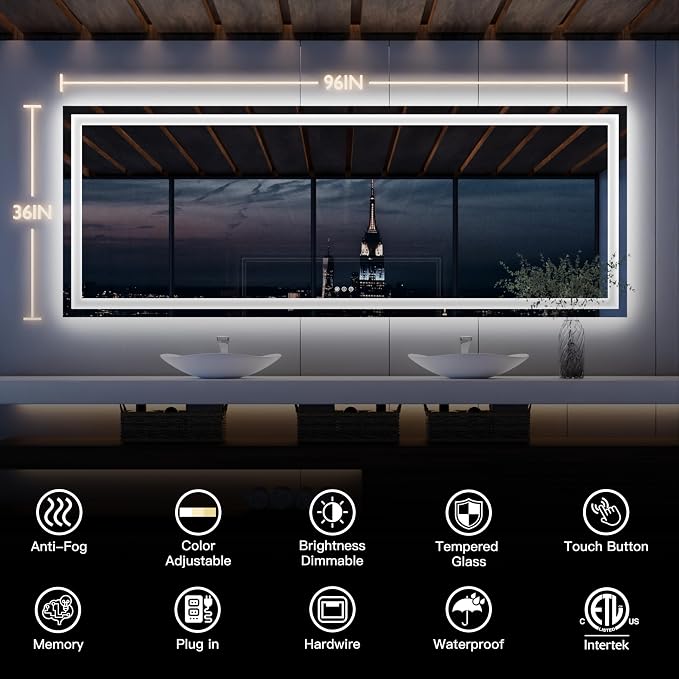 ISKM 96'' x 36'' LED Mirror for Bathroom Lighted Vanity Mirror for Wall Front - Image 7