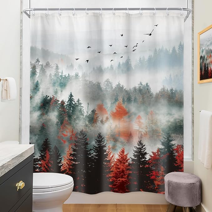 Riyidecor Red Green Mountain Shower Curtain 60Wx72H Inch Black Nature Woodland - Image 4