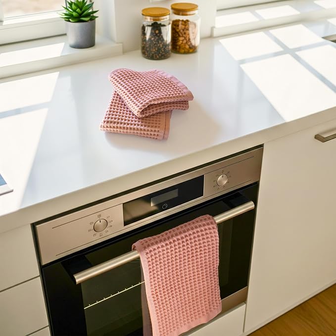 PÜSKÜL Organic Waffle Kitchen Towel 100% Turkish Cotton Set of 3 Pink - Image 2