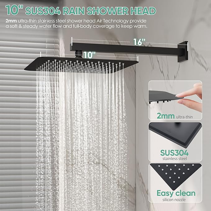 Black Shower System with Tub Spout, All Metal Tub Shower Faucet Set with 10" - Image 3