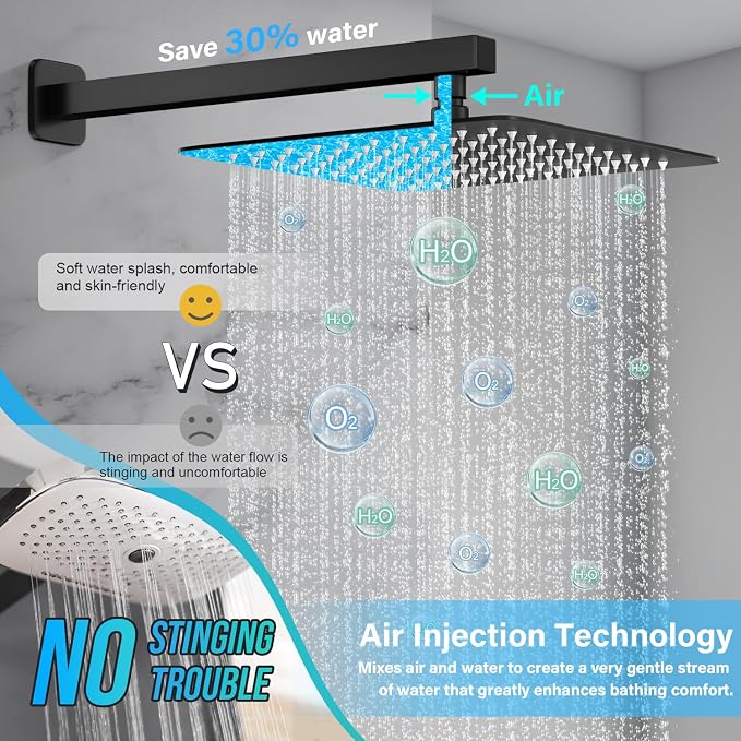 Black Shower System, Shower Faucet Set Bathroom Square Rain Shower Head and - Image 3