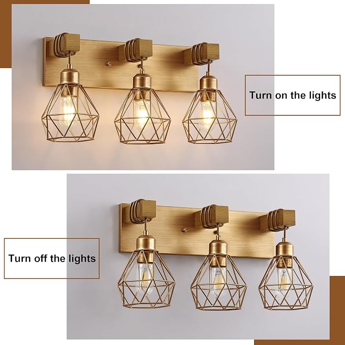 Farmhouse Bathroom Light Fixtures, 3-Light Gold Bathroom Vanity Light, Rustic - Image 5