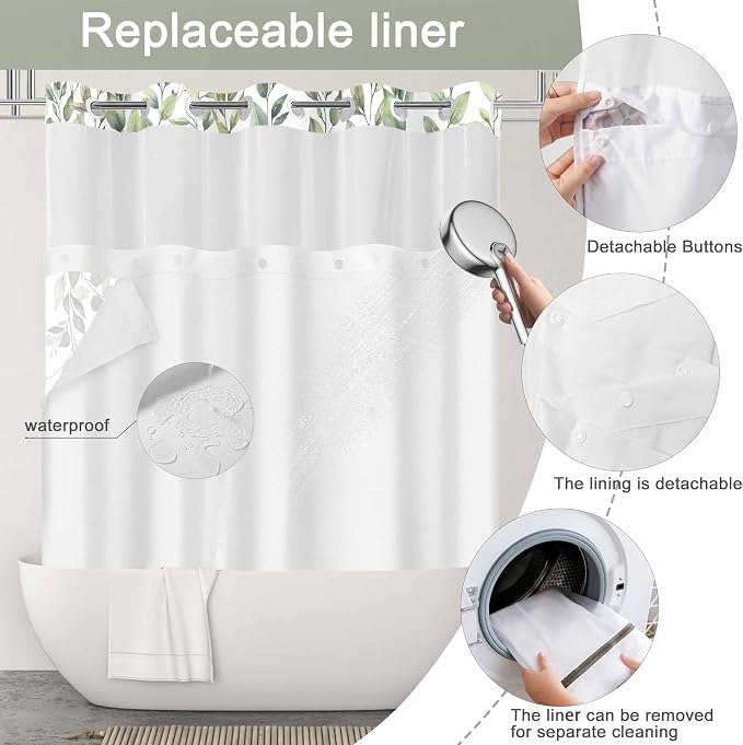 No Hook Shower Curtain and Liner Set, Sage Green Eucalyptus Floral Shower - Image 4