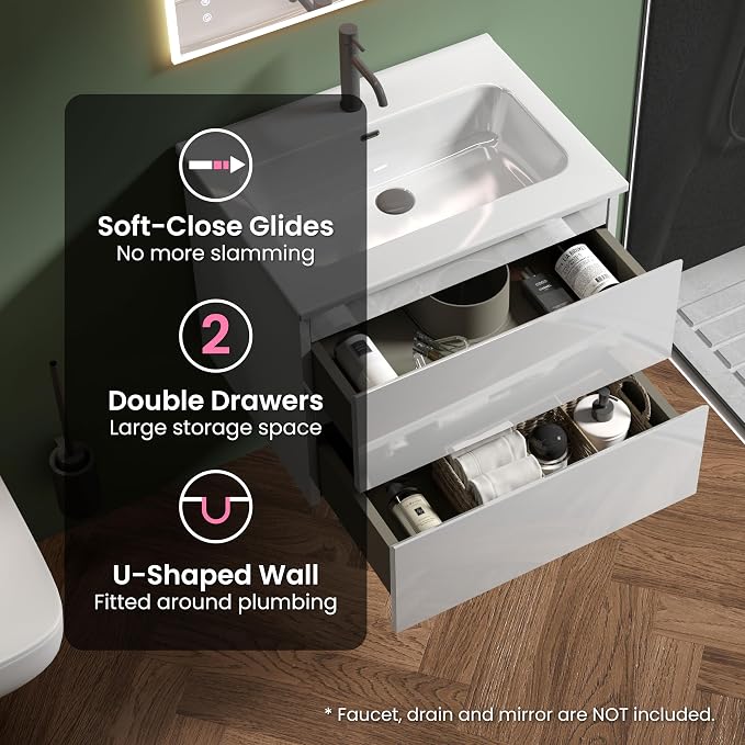 24" Bathroom Vanity with Sink, Modern Floating Vanity with Double Soft Closing - Image 5
