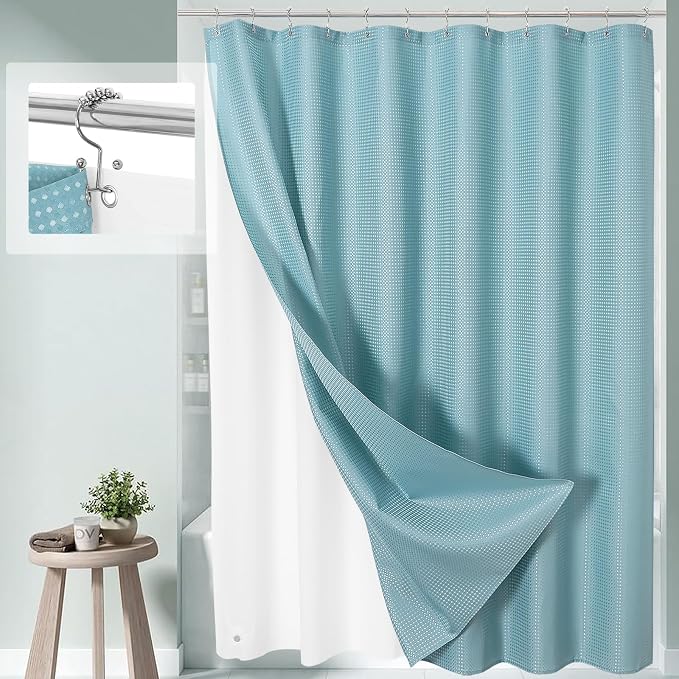 3 in 1 Extra Long Shower Curtain Set-72 W x 84 H, Teal Blue Waffle and PEVA by Unknown