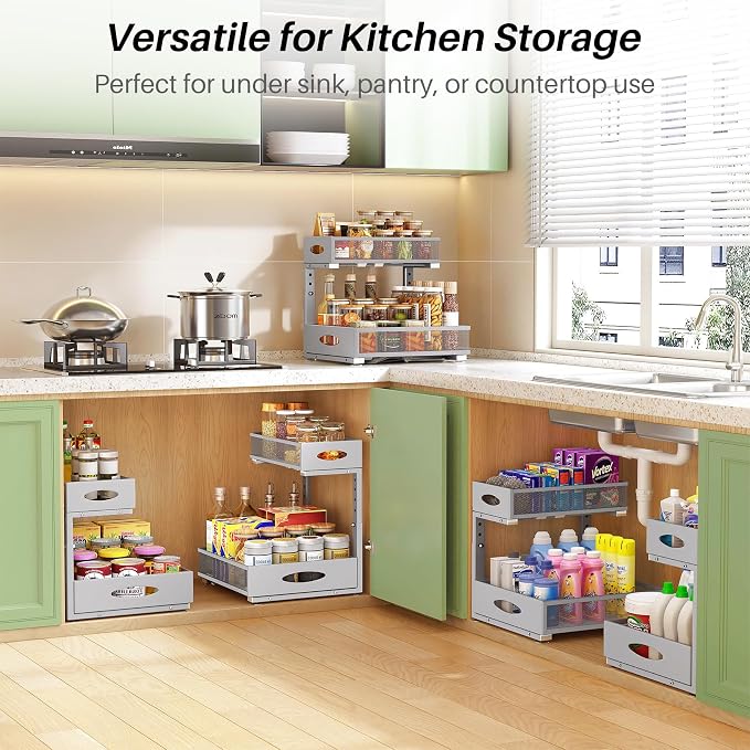 Under Sink Organizer, L-Shaped Adjustable Height, Mesh Sliding Drawer - Image 8