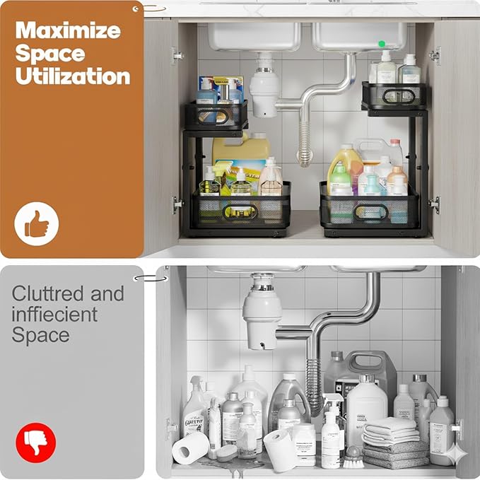 2 Pack Under Sink Organizer, Dual-Layer Pull Out Mesh Cabinet Rack - Image 5