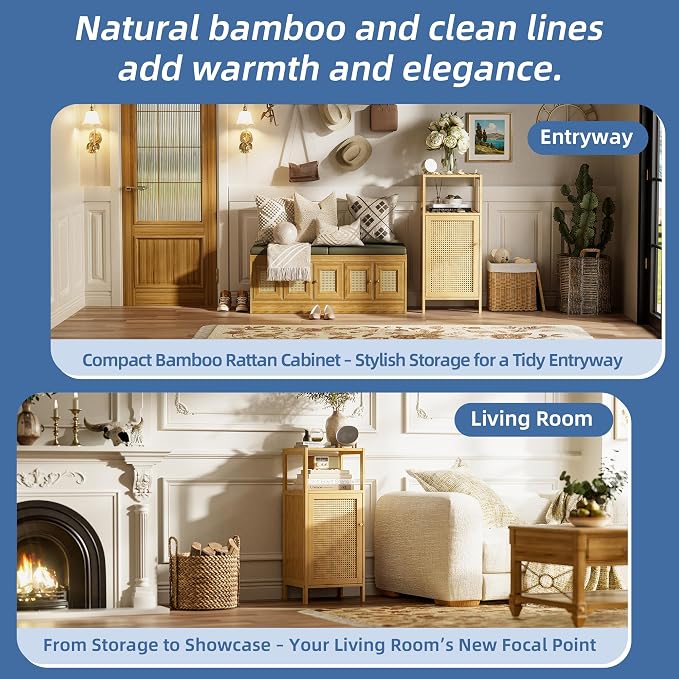 HITNET Rattan Bathroom Storage Cabinet, Small Bamboo Floor Cupboard - Image 7