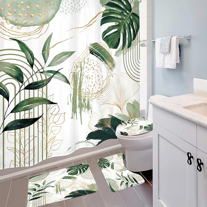 4 PCS Sage Green Boho Shower Curtain Set 72Wx72H, Non-Slip Bath Rug Toilet Lid - Image 3