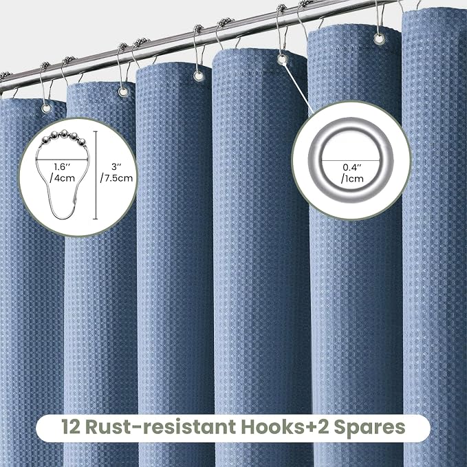 Inhousolu Fabric Shower Curtain Waffle Weave, Moonlight Blue 230 GSM Heavy Duty - Image 2