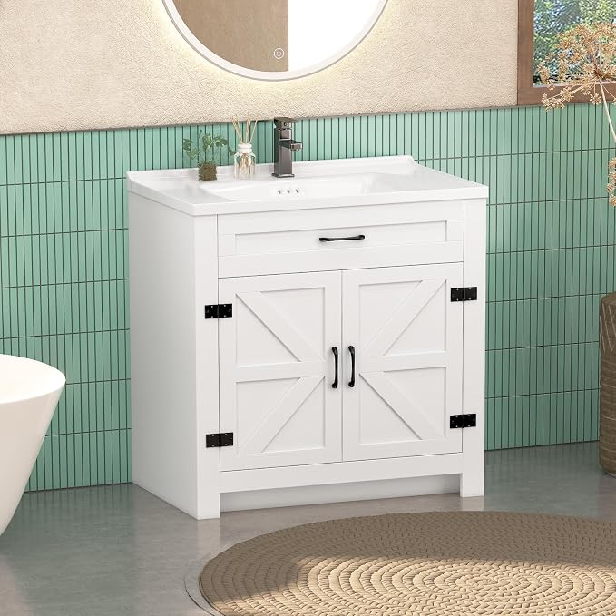 32 Inch Bathroom Vanity with Sink, Small Bathroom Sink Cabinet with 2 Barn Doors - Image 8