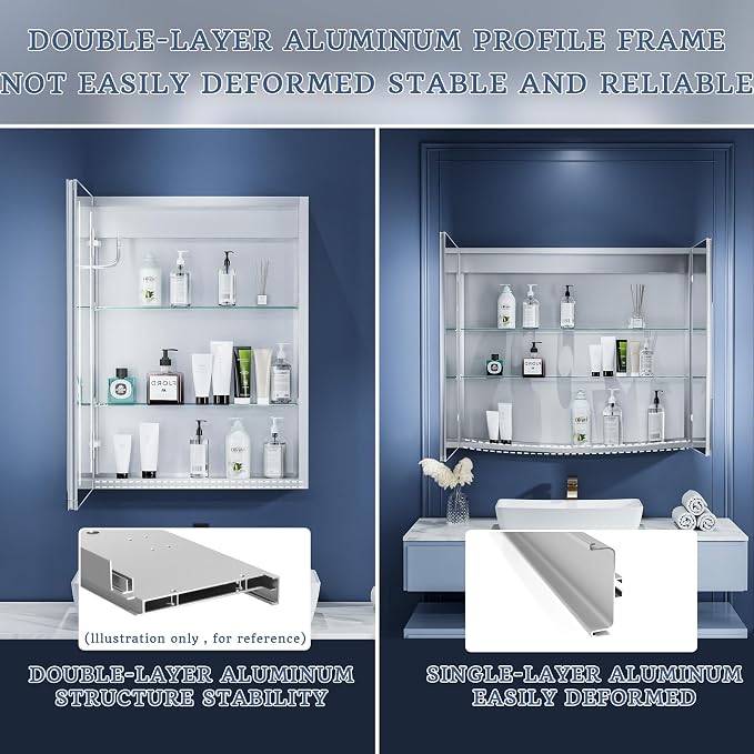 ExBrite Lighted Bathroom Medicine Cabinet, 20 x 26 Inch, Recessed or Surface - Image 8