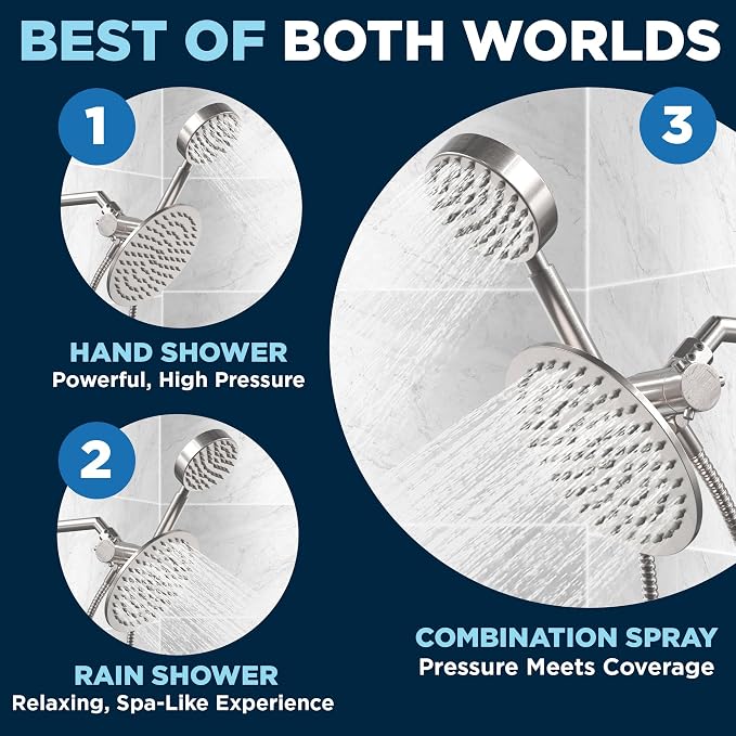 HammerHead Showers® Solid Metal Dual Shower Head Combo – BRUSHED NICKEL – 8 - Image 2