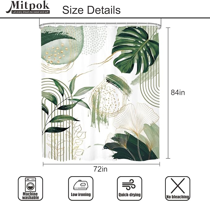 Sage Green Boho Shower Curtain Extra Long Modern Abstract Tropical Leaves - Image 5