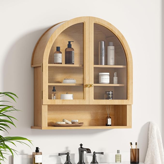 Large Arched Wall Cabinet with Acrylic Door, Large Wooden Wall Mounted Bathroom by MoomJiee