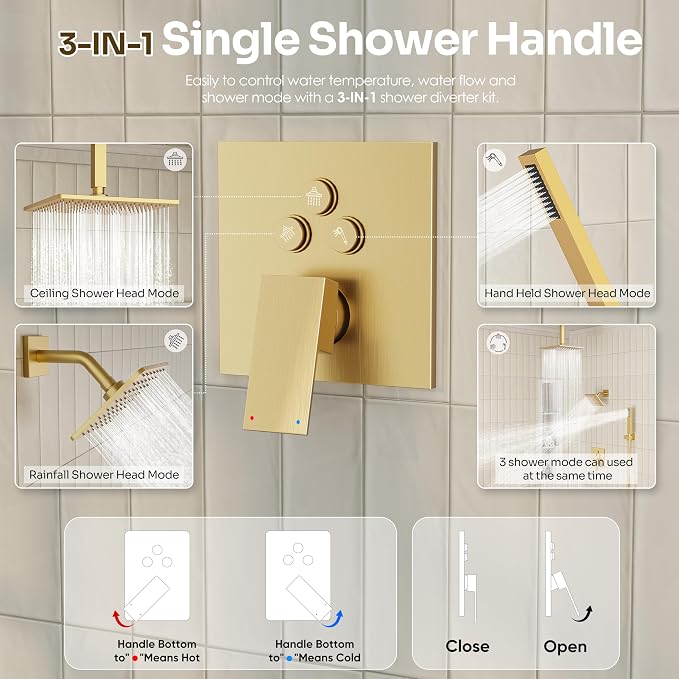 Gold Shower Faucet Set, Brushed Gold Shower System, Dual Gold Shower Head - Image 8