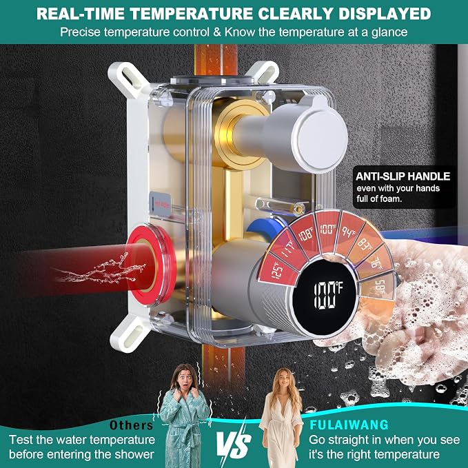 Temperature Display 2 Way Shower Valve Brass Rough-in and Rectangle Trim Kit - Image 6