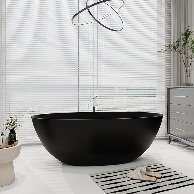 SJ STAR&JANE 65" Solid Surface Freestanding Bathtub, Oval Soaking Stone Resin - Image 8