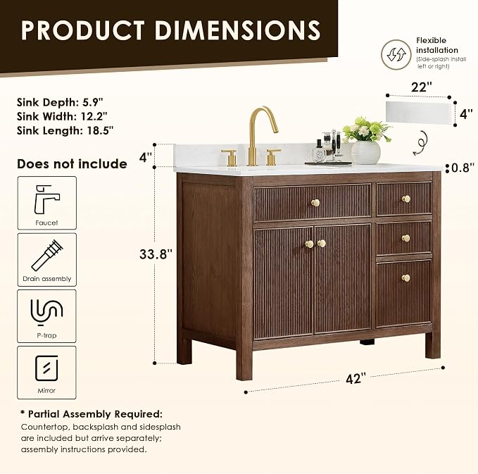 ALTAIR 42 Bathroom Vanity with Sink Mordern Pedestal Single Vanities Large - Image 2