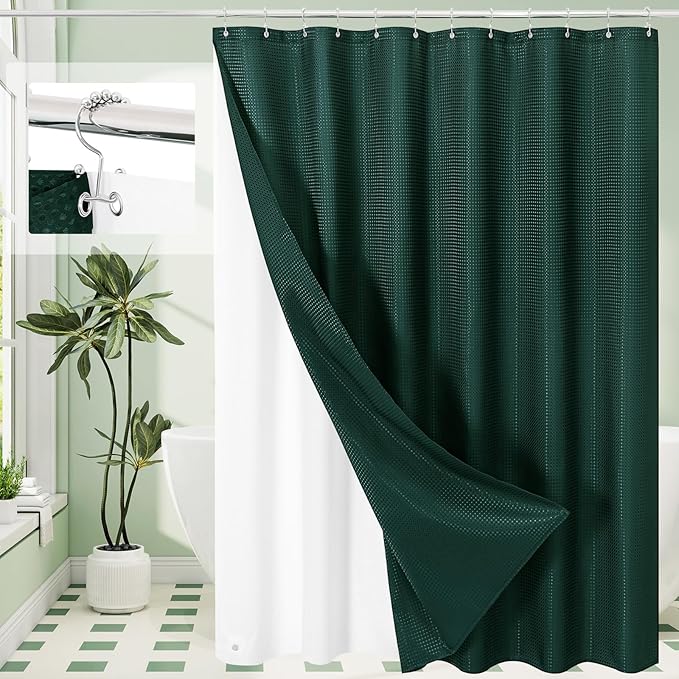 3 in 1 Shower Curtain Set, Dark Green Waffle Shower Curtain and PEVA Liner Set by Unknown