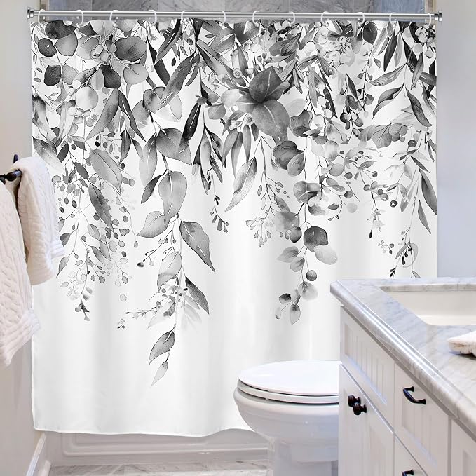 Riyidecor Black White Eucalyptus Shower Curtain - Image 4