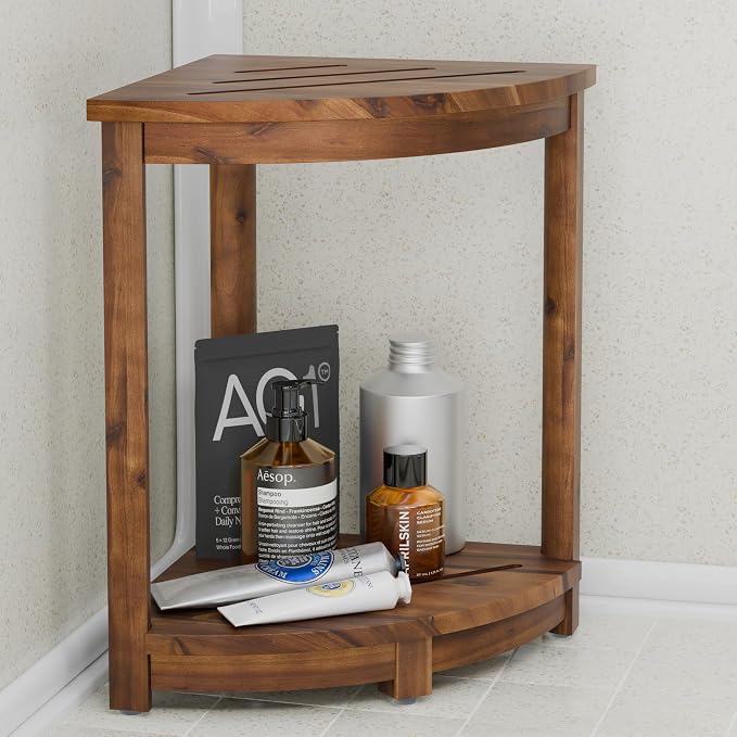 HOLANA 18" Acacia Wood Corner Shower Bench, Corner Shower Stool, Bath Stool by HOLANA