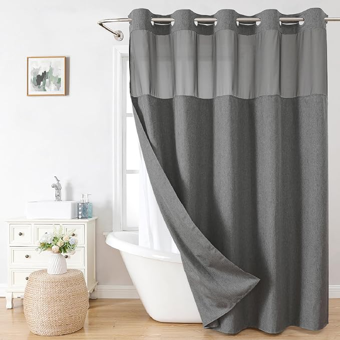 No Hooks Needed Linen Textured Shower Curtain by EACHOPE