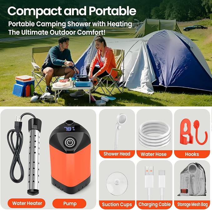Portable Camping Shower with 2000W Heater, Long-Lasting 7800mAh Rechargeable - Image 5