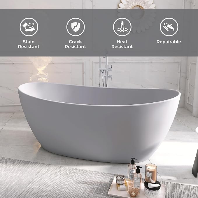 SJ STAR&JANE 65" Solid Surface Freestanding Bathtub Stone Resin Soaking Tub - Image 4