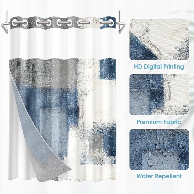 No Hook Blue Grey Painting Shower Curtain - Image 4