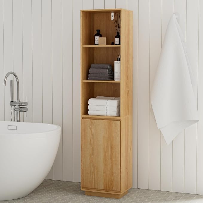 Tall Bathroom Storage Cabinet Set of 2, Mid Century Modern Freestanding Cabinets - Image 2