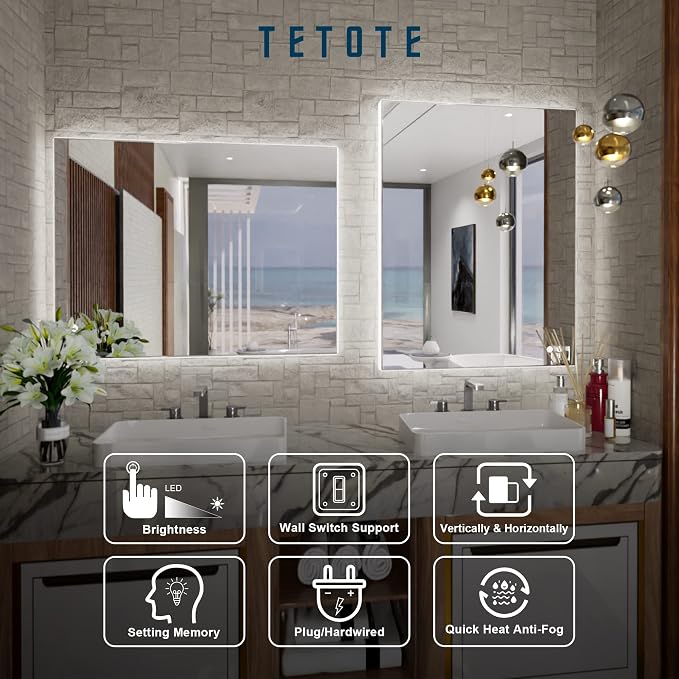 TETOTE 24 x 32 Inch LED Backlit Bathroom Vanity Mirror, Touch Button, Water - Image 7